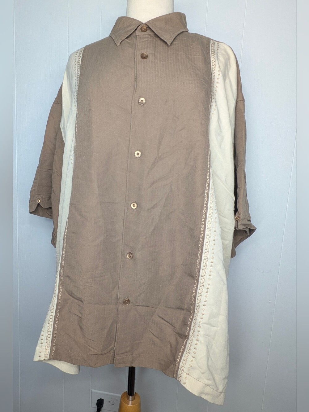 Cubavera Colorblock Button-Up Shirt Short Sleeve Big & Tall 3XL Beige/Ivory